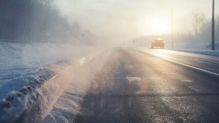 fog on a dangerous winter slippery road, a car with headlights in a risky climate cold and ice