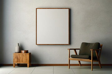 Minimalist living space with wooden furniture and empty poster frame against textured concrete wall.