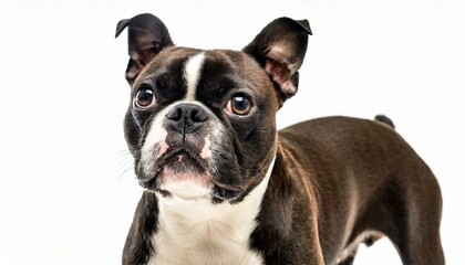 Boston Terrier dog - Canis lupus familiaris - a small breed of domestic animal recognized by a tuxedo jacket, compact body, and big, round eyes isolated on white background standing and facing camera