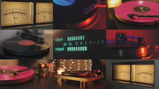 Creative diverse collection video storyboard with classic amp meters and turntables. Various vinyl players and amplifiers in one frame
