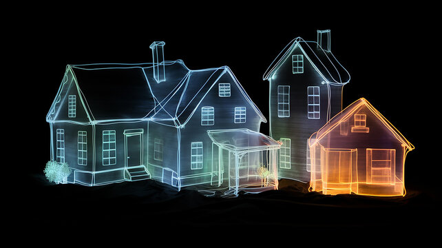 small houses isolated on a black background, layer style neon light pattern, object to overlay
