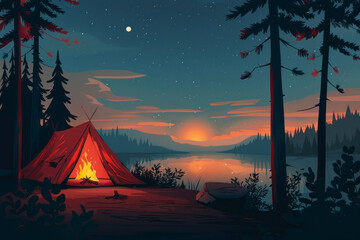 Graphic illustration of a camping tent with campfire - obrazy, fototapety, plakaty