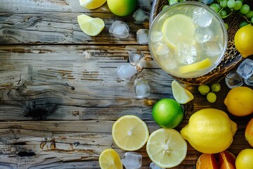 Background with detail of lemon drink with a lot of ice on wooden table with fruit and a bowl with...
