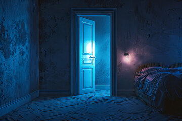 Fototapeta na wymiar A bedroom with the door opened at night