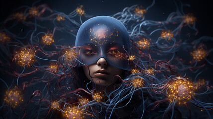 image of human and artificial intelligence technologies, neural connections on a black background, the development of new technologies, abstract futuristic fictional graphics