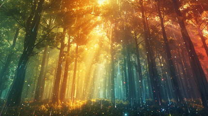 Enchanted forest scene with sunbeams filtering through tall trees, casting a warm glow on the mist and flora below.