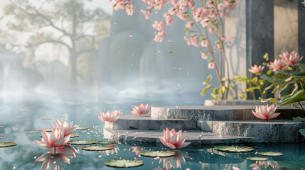 Presentation Products Podium In Serene Ambience With Water Basin And Lotus. Japanese Inspired Podium To Promote Products