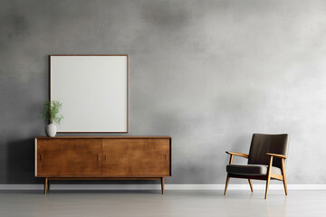 Minimalist design featuring wooden cabinet, dresser, and vacant poster frame on textured concrete wall in modern living room.