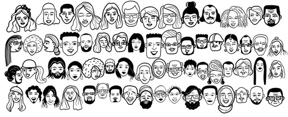 Obraz premium Characters smiling people different age and ethnicity. Young and old, woman, man, diversity. Vector outline illustration, linear, thin line, hand drawn sketch, doodle 