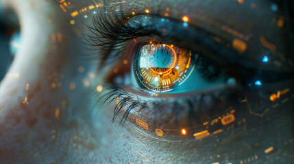 Close-up of a human eye with futuristic digital augmentation, featuring intricate orange and blue cybernetic elements and reflections overlaying the iris, suggesting advanced biometric technology. - obrazy, fototapety, plakaty