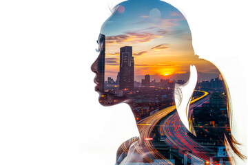 double exposure effect with woman and city on white background