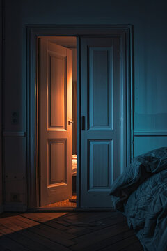 A bedroom with the door opened at night
