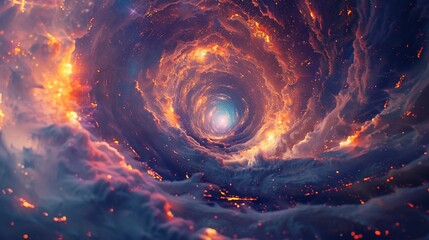 Amidst swirling cosmic storms, intrepid explorers navigate subspace rifts A kaleidoscope of colors illuminates their path as they uncover secrets of the universe Photography, Golden hour lighting, - obrazy, fototapety, plakaty