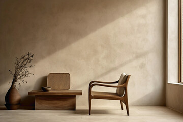 Lounge chair and wooden table complementing beige stucco wall. - obrazy, fototapety, plakaty