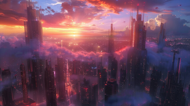A futuristic cityscape at sunset with towering skyscrapers piercing through a dense layer of clouds, bathed in the radiant glow of a warm sky transitioning from pink to deep blue.
