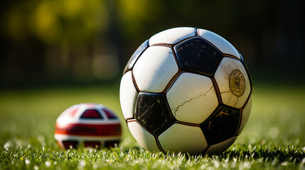 Traditional soccer ball on soccer field - obrazy, fototapety, plakaty