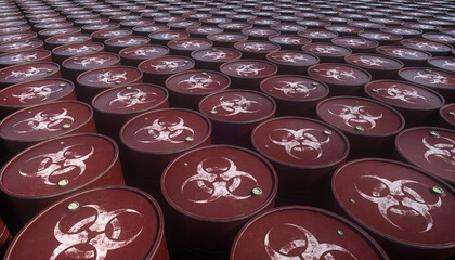 Storage of metal barrels with toxic biohazard chemistry. Rows of waste biohazard red barrels. Environment disaster concept. Landfill od biohazard waste.