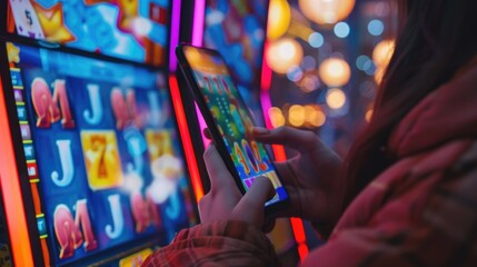 Woman using smartphone at slot machine.