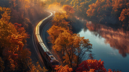 A train travels along a curved track adjacent to a river, surrounded by a forest in vibrant autumn colors