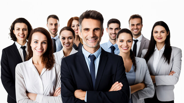 Smiling team of business people on a white background