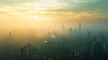 Obraz premium Smog city at daytime, dust. Buildings with bad weather and air pollution