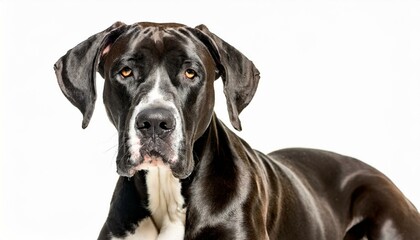 Great Dane dog - Canis Lupus familiaris - large breed from Germany dark charcoal grey with white chest, long floppy ears isolated on white background looking at camera close up of face and head
