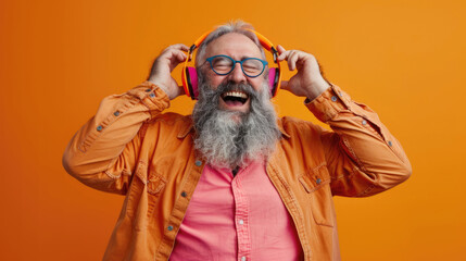 Happy old man smiling in headphones positive elderly age amusement - obrazy, fototapety, plakaty