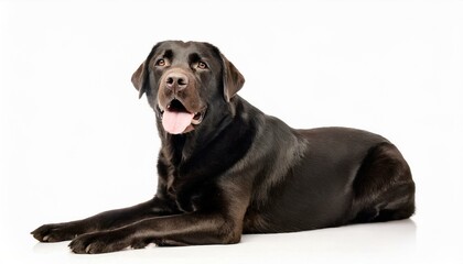 Black labrador lab retriever dog - Canis lupus familiaris - popular family dog, great with children isolated on white background laying down looking at camera with tongue out while panting
