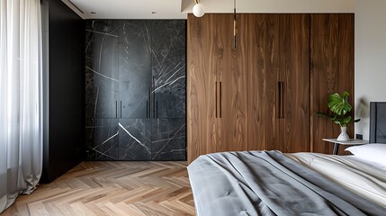 Elevate your bedroom's aesthetic by integrating a wooden wardrobe with sleek black marble doors, seamlessly blending into a Scandinavian-inspired interior.  attractive look