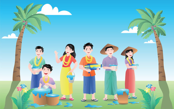 Illustration of Myanmar characters during Songkran Festival, people splash water to celebrate the festival