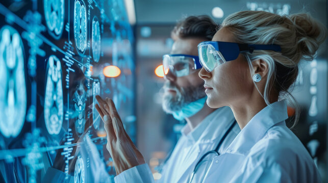 Two scientists analyzing data on a futuristic holographic display screen, wearing protective gear and lab coats in a high-tech research facility.