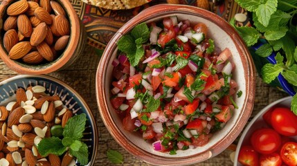 Fresh tomato and herb salad in a ceramic bowl with almonds on a patterned tablecloth