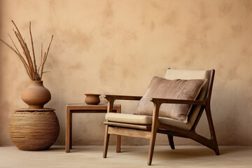 Lounge chair and wood side table set against beige stucco backdrop.