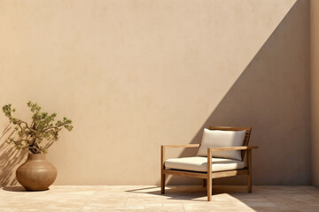 Lounge chair and wood side table against neutral stucco backdrop.