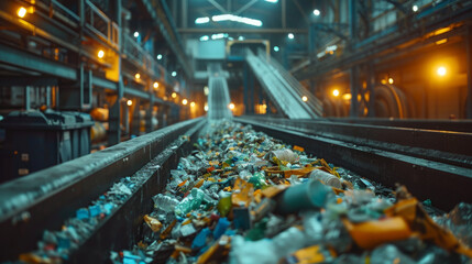 A conveyor belt overloaded with scattered plastic waste inside a modern recycling facility, illuminated by ambient orange lighting, showcasing the sorting phase in waste management process.