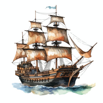 Watercolor pirate ship clipart 