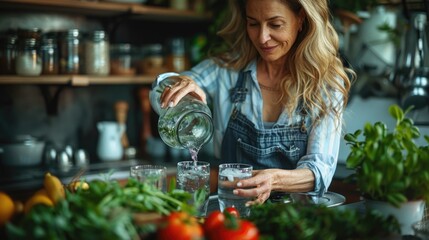 Smiling woman pouring water into glasses in a kitchen with fresh produce. - obrazy, fototapety, plakaty