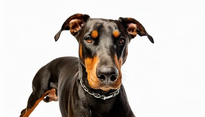 Doberman pinscher dog - Canis lupus familiaris - large slender muscular built domestic animal isolated on white background.  normal non cropped ears, brown and black colors looking towards camera