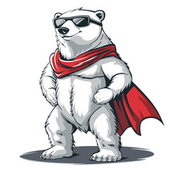 Polar bear in sunglasses and a red cape. Vector illustration.