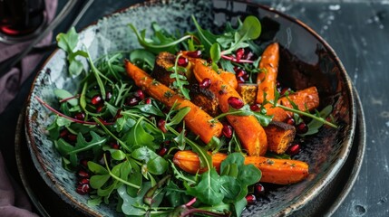 Roasted carrot salad with microgreens and pomegranate seeds on a ceramic plate