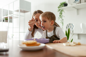 Obraz na płótnie Canvas young mother spoon-feeds her little son and smiles, 2-year-old boy has breakfast in the kitchen with his parent