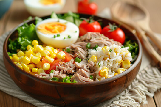 Colorful bowl with rice, tuna, egg, corn, and greens.
