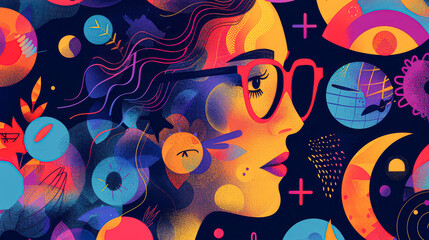 A colorful drawing of a woman with glasses and a face. The drawing is full of different shapes and colors, and it seems to be a representation of the idea of creativity and imagination