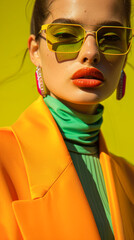 A woman in a yellow jacket and green shirt is wearing yellow sunglasses. She has red lips and is wearing pink earrings. The image has a bright and cheerful mood, with the yellow jacket