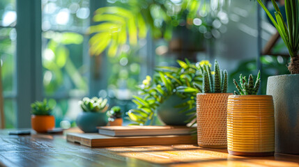 A table with a variety of potted plants and a book. The plants are arranged in different sizes and colors, and the book is placed on the table. Concept of calm and relaxation, as the plants - obrazy, fototapety, plakaty