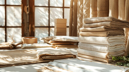 A stack of white and tan towels sit on a table. The towels are piled on top of each other, creating a sense of abundance and luxury. The sce