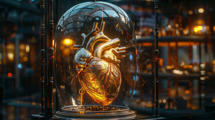 An intricate glass heart model illuminated within a spherical enclosure, displayed against a blurred industrial backdrop, suggesting advanced technology or scientific research.
