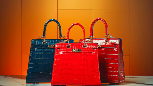 Three red, blue and black handbags are displayed on a table. The bags are made of crocodile skin and have gold hardware. The table is set against a yellow background