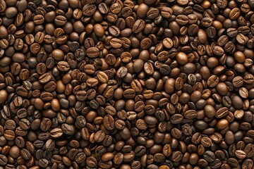 Obraz premium Background with heap of natural dry coffee beans. Top view. Horizontal composition.