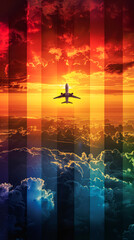 A colorful airplane flying through a rainbow sky. The sky is filled with clouds and the colors are vibrant. Concept of freedom and adventure, as the airplane soars through the sky